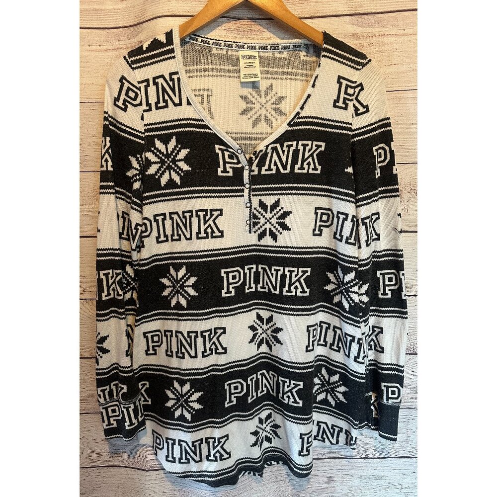 PINK Victoria’s Secret Thermal Sleep Shirt L Black White Snowflake Henley Night